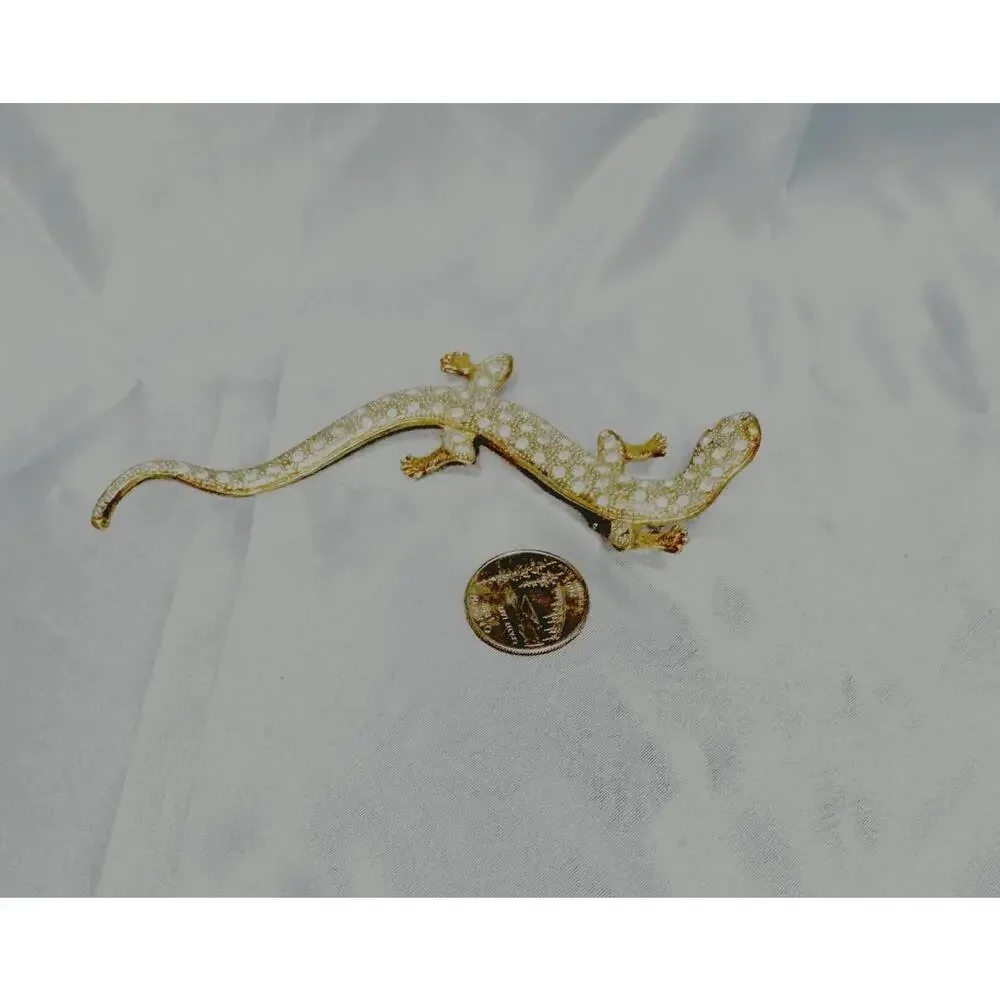 Gold Tone Crystal Salamander Brooch